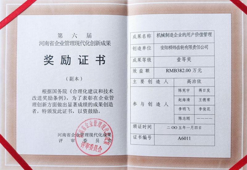 河南省企业管理现代化创新成果奖励证书