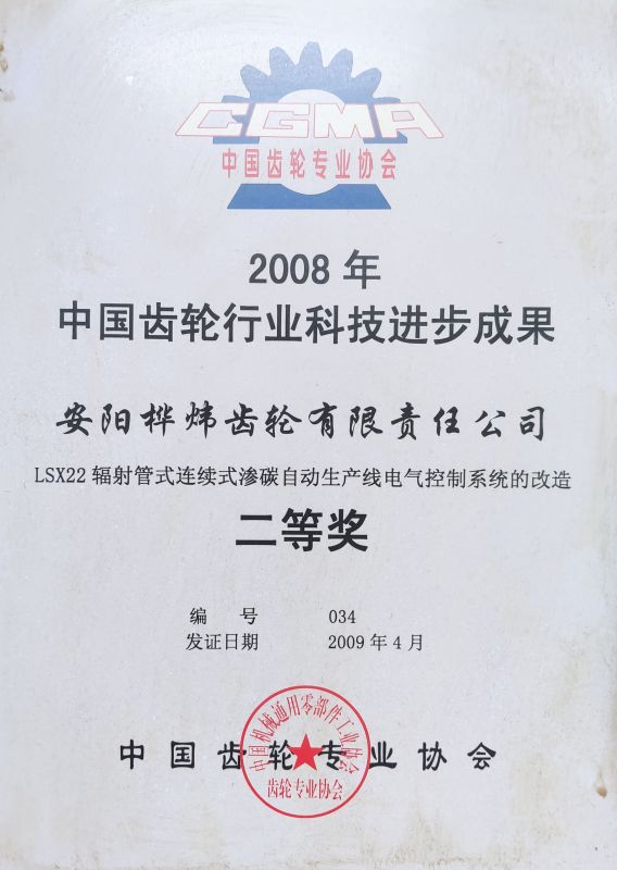 2009年中国齿轮行业科技进步成果二等奖